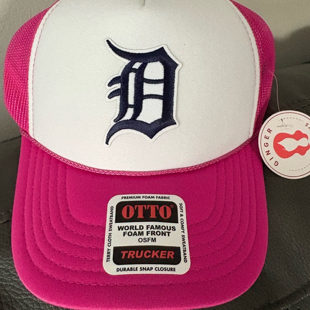 Vibrant pink custom OTTO Pink and White Trucker Hat with Old English D